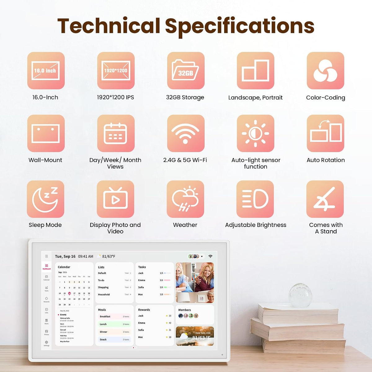 Skyzoo 16-Inch Digital Wall Calendar, Syncs with Online Calendars