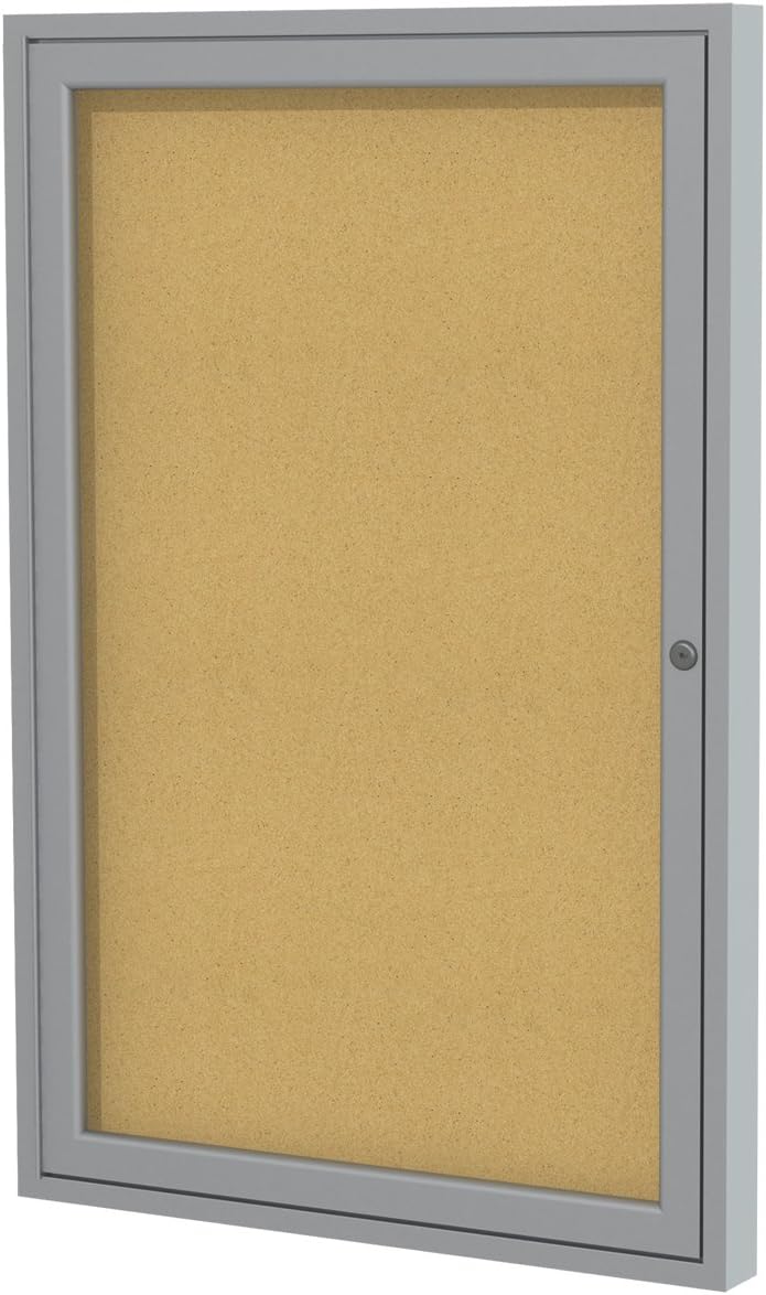 Ghent 36"x30" 1-Door indoor Enclosed Bulletin Board , Shatter Resistant, with Lock, Satin Aluminum Frame - Natural Cork (PA13630K) Made in the USA