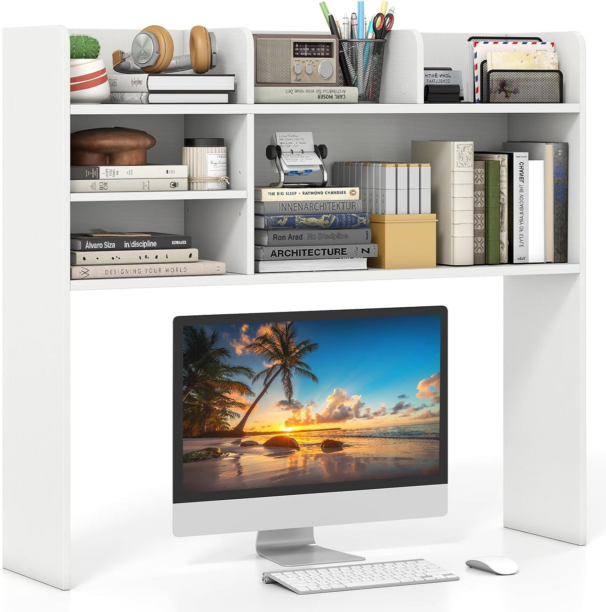 GIANTEX Desktop Bookshelf, 37" Desk Hutch Dorm for Computer Up to 32 Inch, Countertop Hutch w/6 Storage Shelves, 3-Tier Desktop Organizer Display Rack, Wood Desk Shelf for Home Office (White)