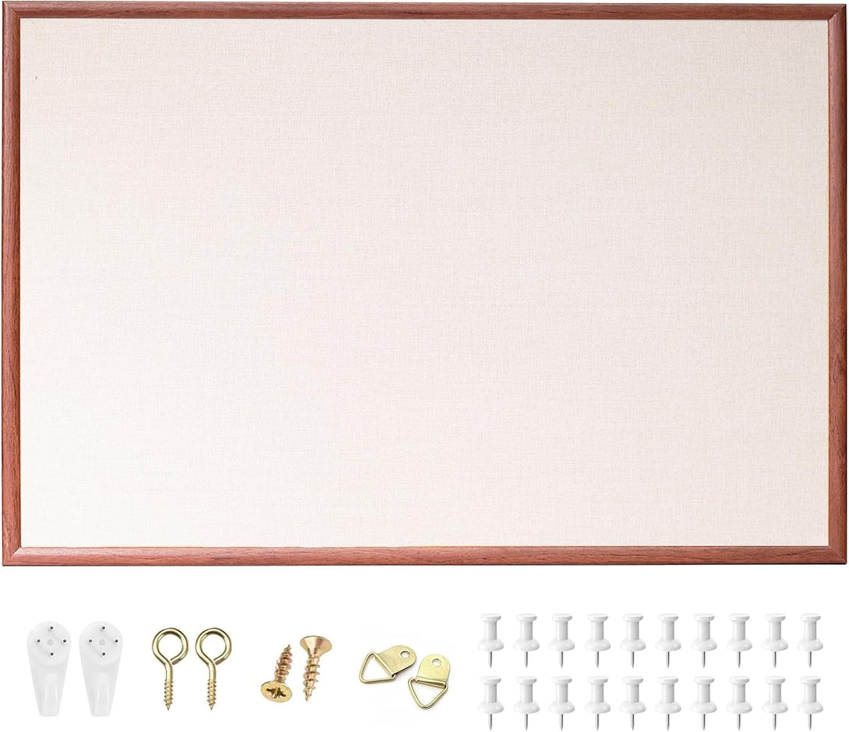 24'' x 36'' Large Linen Bulletin Board, Cork Board for Walls, Walnut Wood Style Frame, Vision Board, Pin Wood, Ideal for Shool, Home and Office