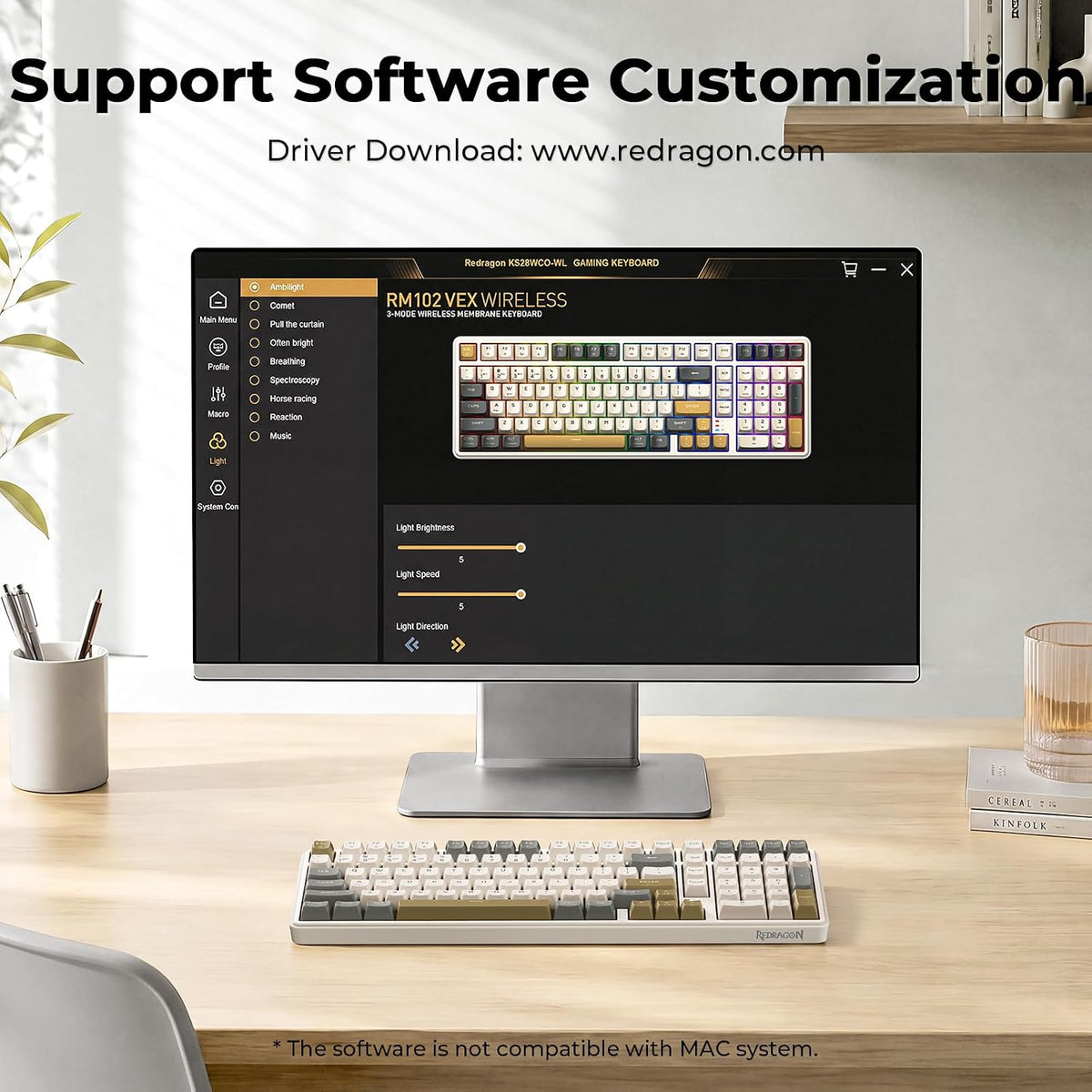 Redragon K528 Wireless Gaming Keyboard Bluetooth Computer Keyboards Creamy Cute with Number Pad RGB Backlit Tri-Mode BT/2.4GHz/USB-C, 4000mAh Battery for Win/MAC- Dusty Olive