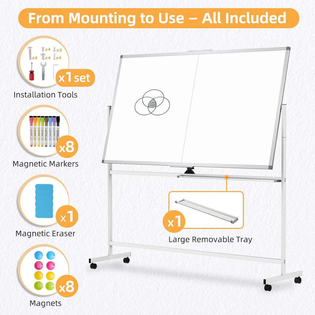 Rolling Dry Erase Whiteboard with Stand, 48" x 36" White Board on Wheels