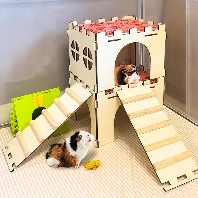 2PCS Guinea Pig Hideout,Large Wooden Guinea Pigs House with Stairs and Mats,Detachable Guinea Pig Castle Hide for Small Animals Hamster Chinchilla Ferret Habitats Accessories