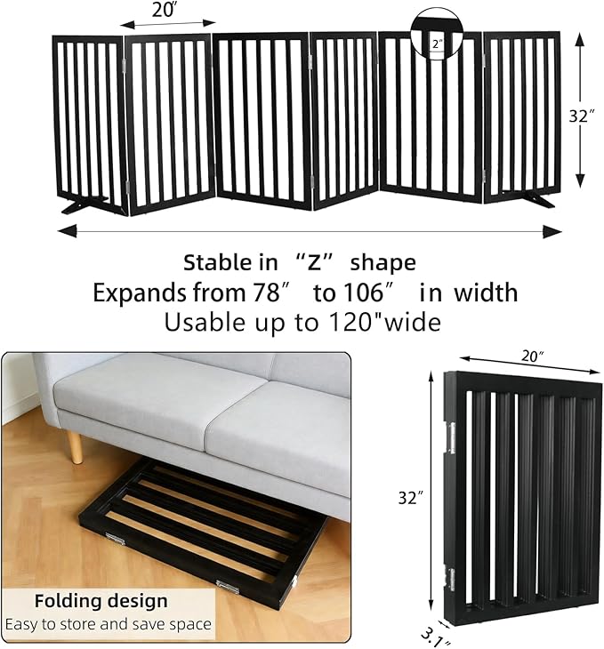 ZJSF Freestanding Indoor Dog Gate for House Foldable Wood Puppy Gate for Doorways Pet Gate for Stairs Extra Wide Pet Fence, Black, 32" Height 6 Panels