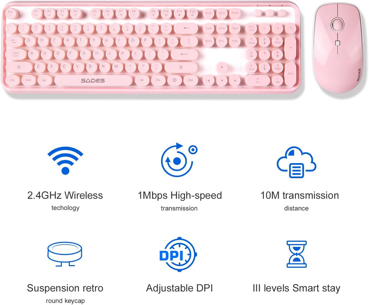 Pink Wireless Keyboard and Mouse Combo,Cute Typewriter Style,for Long Nails