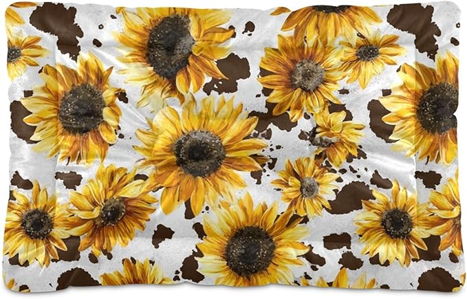 Retro Sunflower Dog Bed Mat Brown Leopard Pet Kennel Beds Washable Cat Beds Crate Pad Pets Sleeping Mattress for Large Medium Small Dogs 24 x18 Inch
