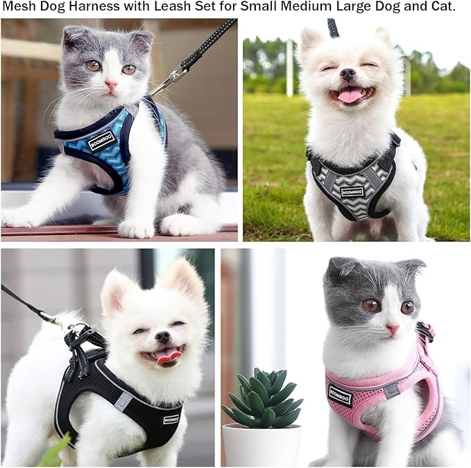 BOOMIBOO Dog Harness with Leash Set, No Pull Adjustable Reflective Step-in Puppy Pet Vest Harnesses for Small Medium Large Dogs and Cats,White Stripe XS