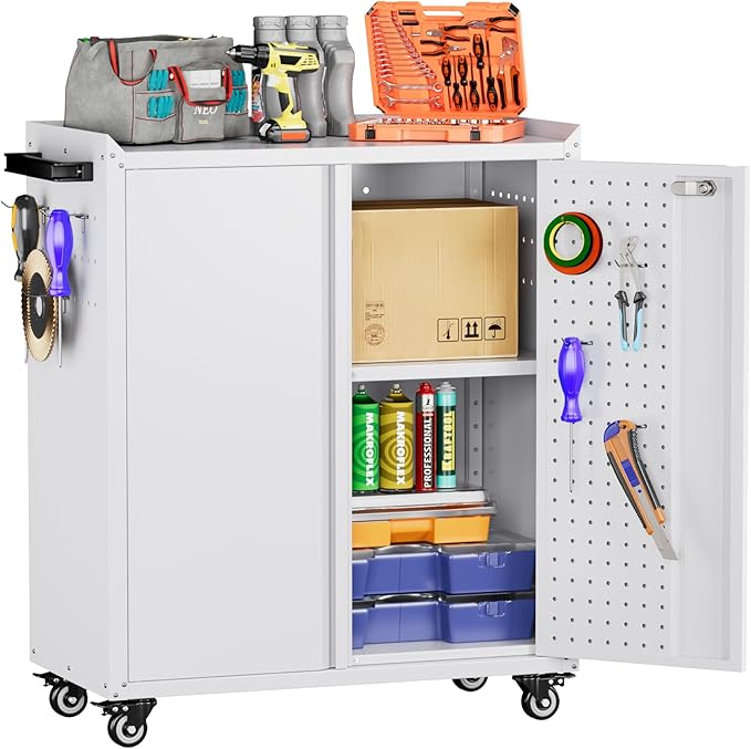 SUXXAN Metal Storage Cabinet with 2 Doors and 4 Hooks,34" H Top Workbench Mobile Tool Chests Garage Cabinets with 4 Wheels and Lock/Push Arm for Home,Office,Shop(White)