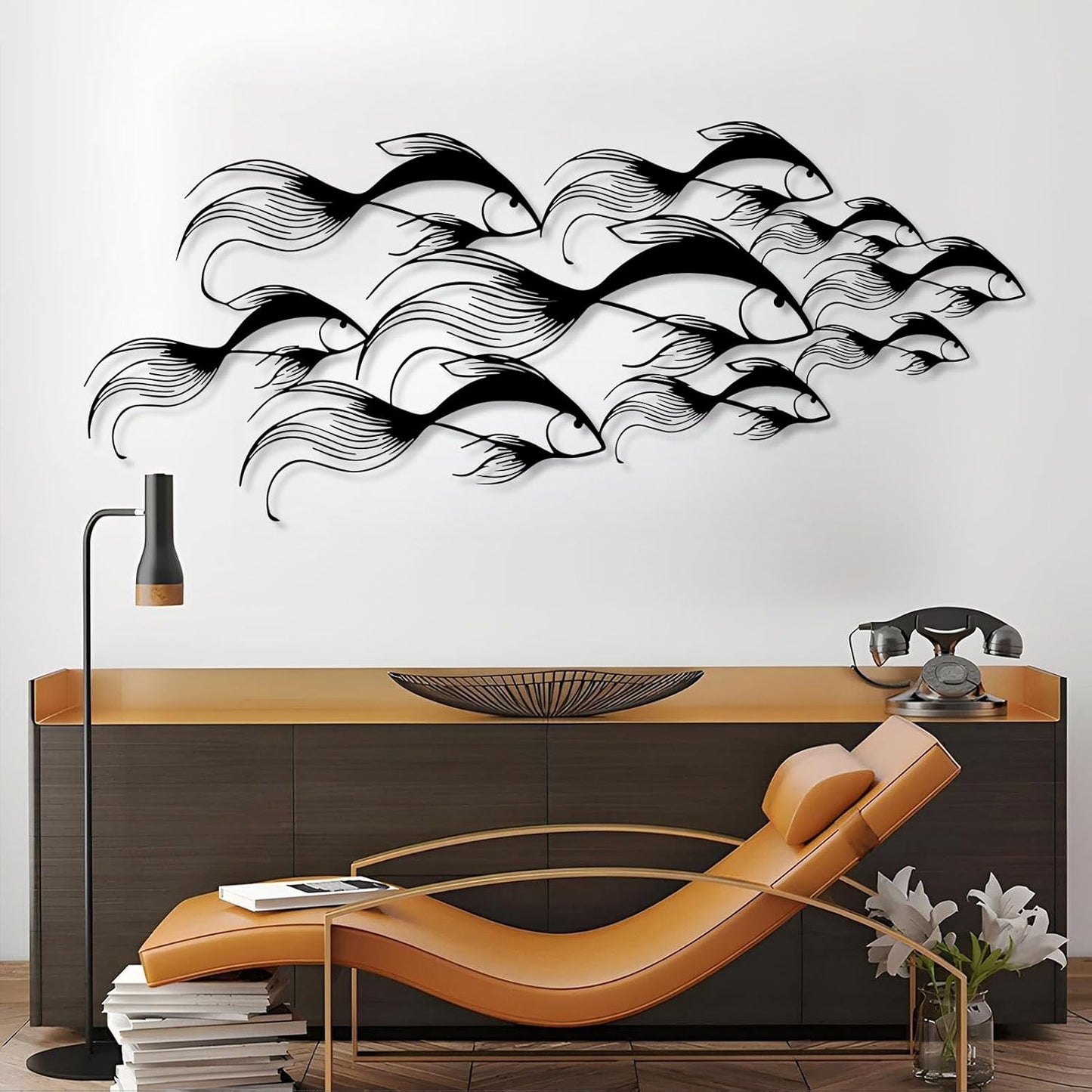 School of Fish Metal Wall Art, Metal Fish Wall Decor, Sea Life Wall Art, Large Nautical Wall Hanging, Modern Beach House Wall Decor, Ocean Themed Artwork for Bathroom (Gold, 30"x12" | 76x32cm)