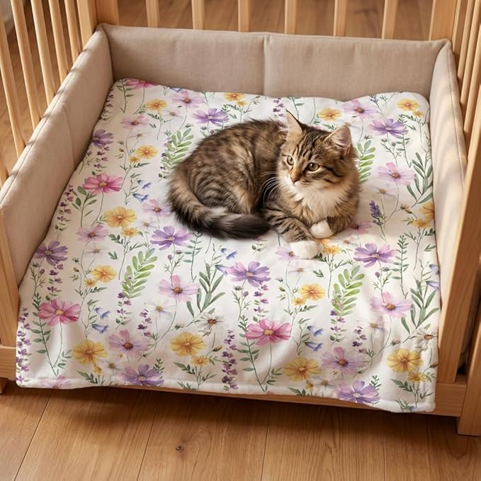 Horaldaily Pets Flannel Blanket, Spring Summer Watercolor Wildflowers Soft Fuzzy Fluffy Plush Cozy Fleece Premium Blankets for Dog Cat Puppy Kitten Couch Protection, 16x23