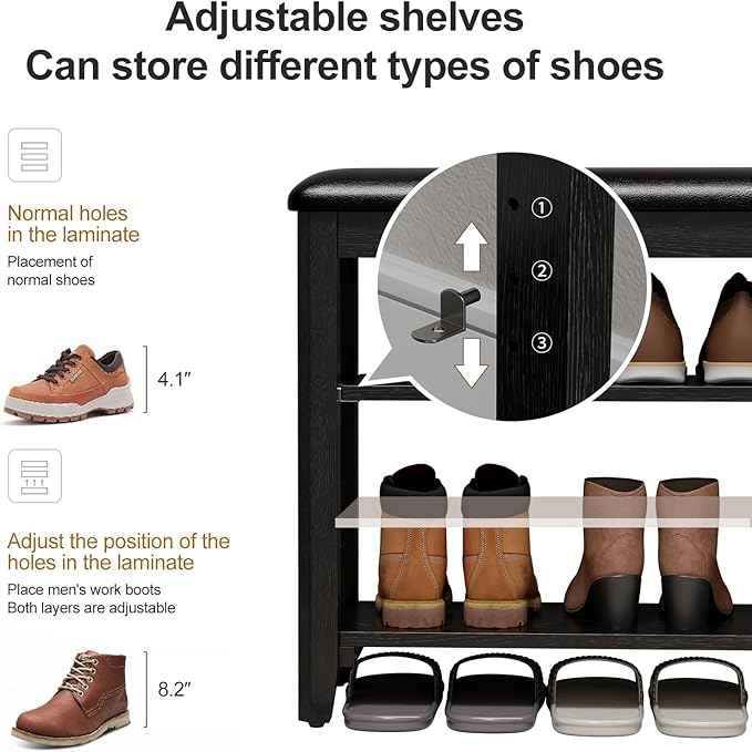 AQIMUELE Shoe Bench with Leather Cushion, 3 Tiers Shoe Storage Bench Height