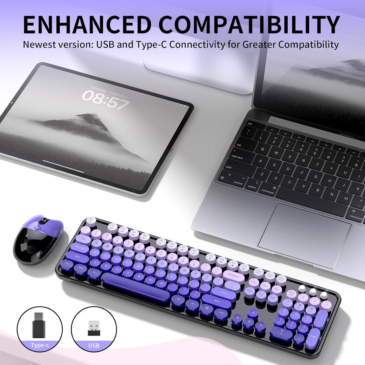 Wireless Keyboard and Mouse, 104 Round Keycaps Retro Typewriter Purple