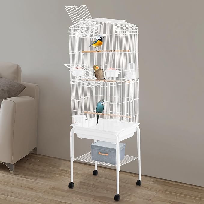 Bird Cage with Universal Wheels, Freestanding Parakeet Birdcage, Large Iron Flight Bird Cages 360° Full Hollow Design Pigeons Parrot, 18x15x54 Inch, with Feeding Bowls, Waterer (White)