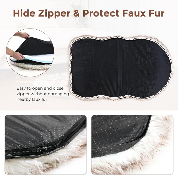 50 Inch Faux Fur Dog Bed for Large/Medium Dogs Orthopedic Beds with Fluffy Faux Fur & Soft Memory Foam for Joint Pain Relief, Machine Washable and Waterproof Dog Couch Beds White with Brown