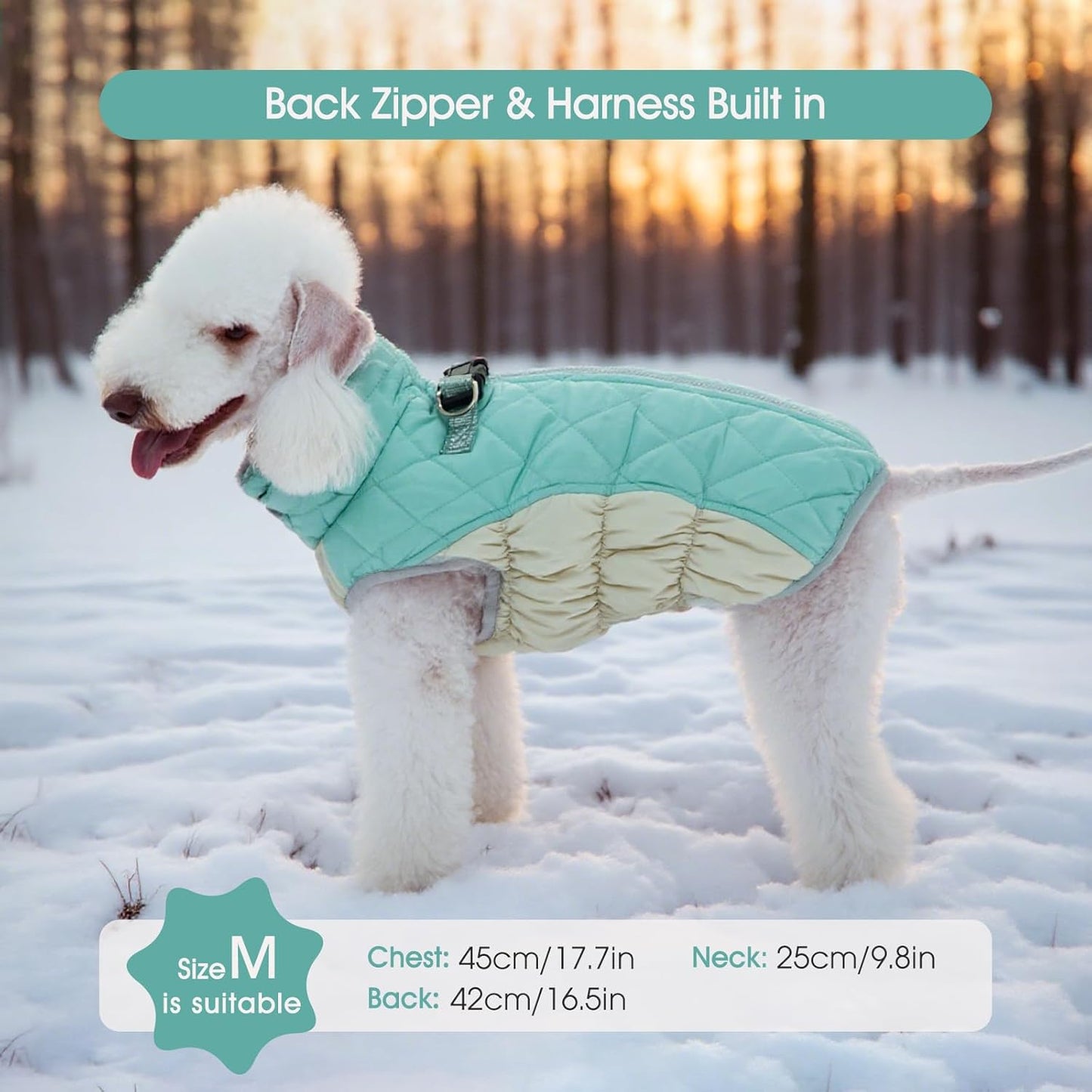 FUAMEY Dog Coat for Medium Dogs,Waterproof Dog Winter Jacket with Harness Built in Puppy Cold Weather Coats Reflective Pet Vest with Zipper Warm Fleece Dogs Snowsuit Windproof Mint Green M