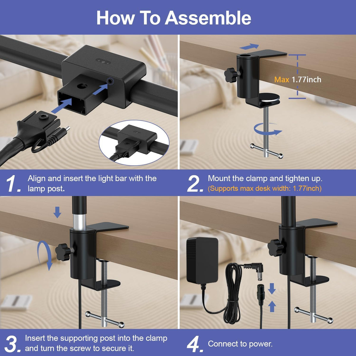24W Led Desk Lamps with Clamp for Office Home, 31.5-in Double Head, Black