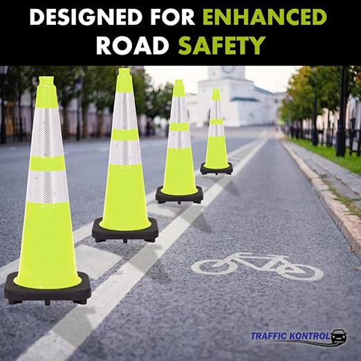 48 Pack 28" Inch Lime Traffic Safety Cones with Dual Reflective Collars - High Visibility Industrial Pylons Traffic Cones for Road, Parking Lots, Driving, Construction