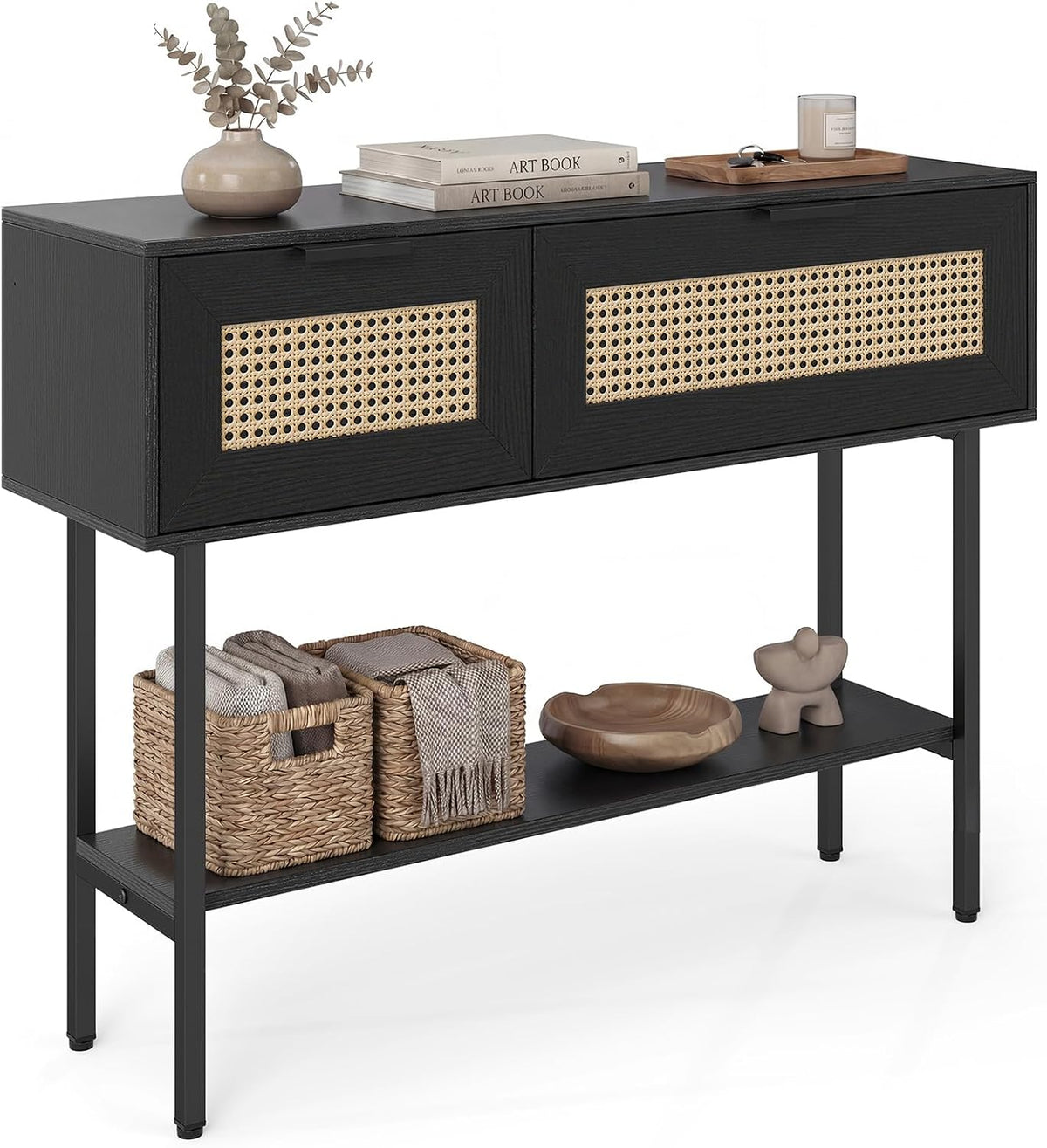 GIANTEX Rattan Console Table with Storage, 40" Long Boho Entryway Table
