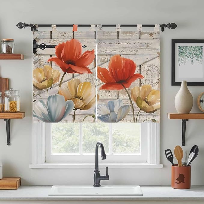 Retro Floral Bedroom Curtains 63 Inch Length, Window Curtains Tab Top