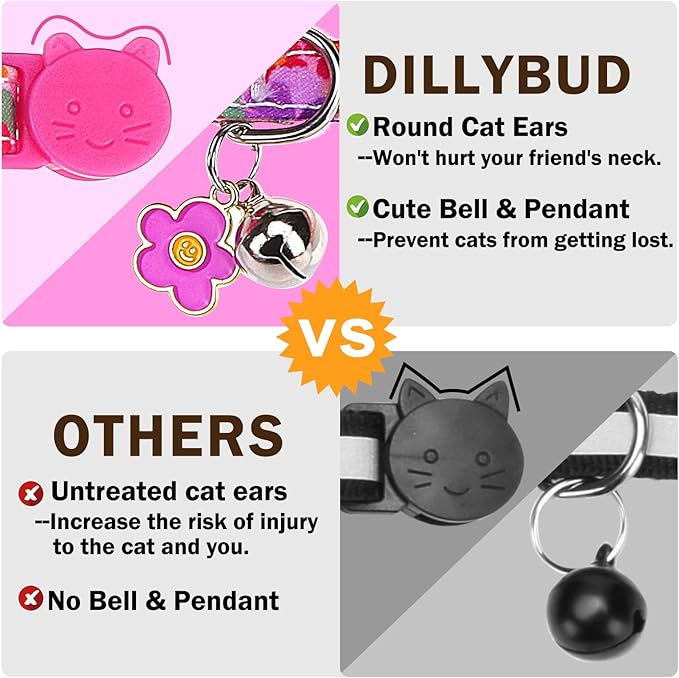 Cat Collar Breakaway with Bells, Pink Cat Bowtie Collar for Girl Cats, Small Cat Collar with Bow for Spring Summer, 2 Pack Soft Cute Floral Kitten Collar with Removable Shirt Collar 8-12Inch
