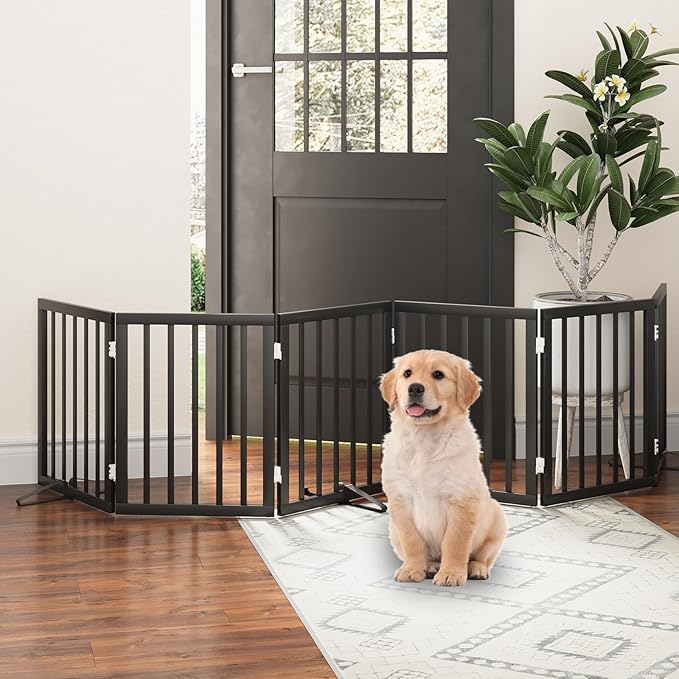 Freestanding Foldable Dog Gate - Indoor/Outdoor Pet Gate with Metal Support Feet - Room Divider, 6 Panels (Black)