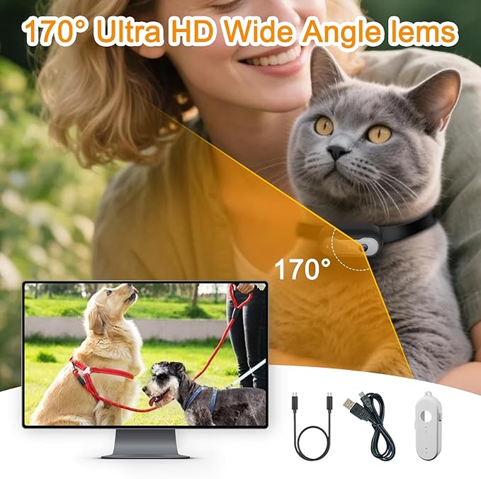 HD 1080P Pet Camera Collar with Video Record, Wireless Mini Sport Cam Built in WiFi, Small Body Action Cameras for Pet Supplies/Cycling/Travel/Walking