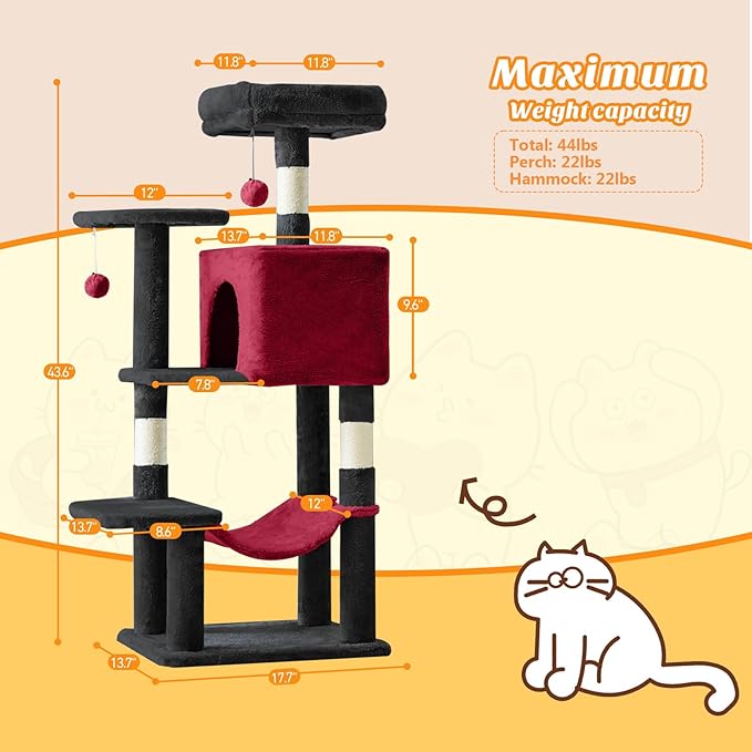 Cat Tree Tower 44 Inch, Small Cat Tower with Condo, Hammock, Sisal Scratching Posts, Extended Perch, Pet Play House for Indoor Kittens and Cats, Black Red