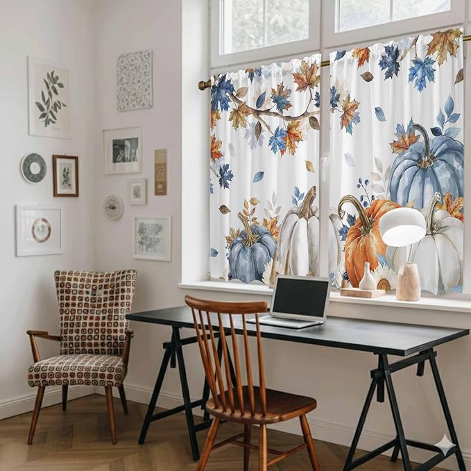 Navy Blue Pumpkin Fall Kitchen Tier Curtains 45 Inch Long 2 Panel Set, Rod