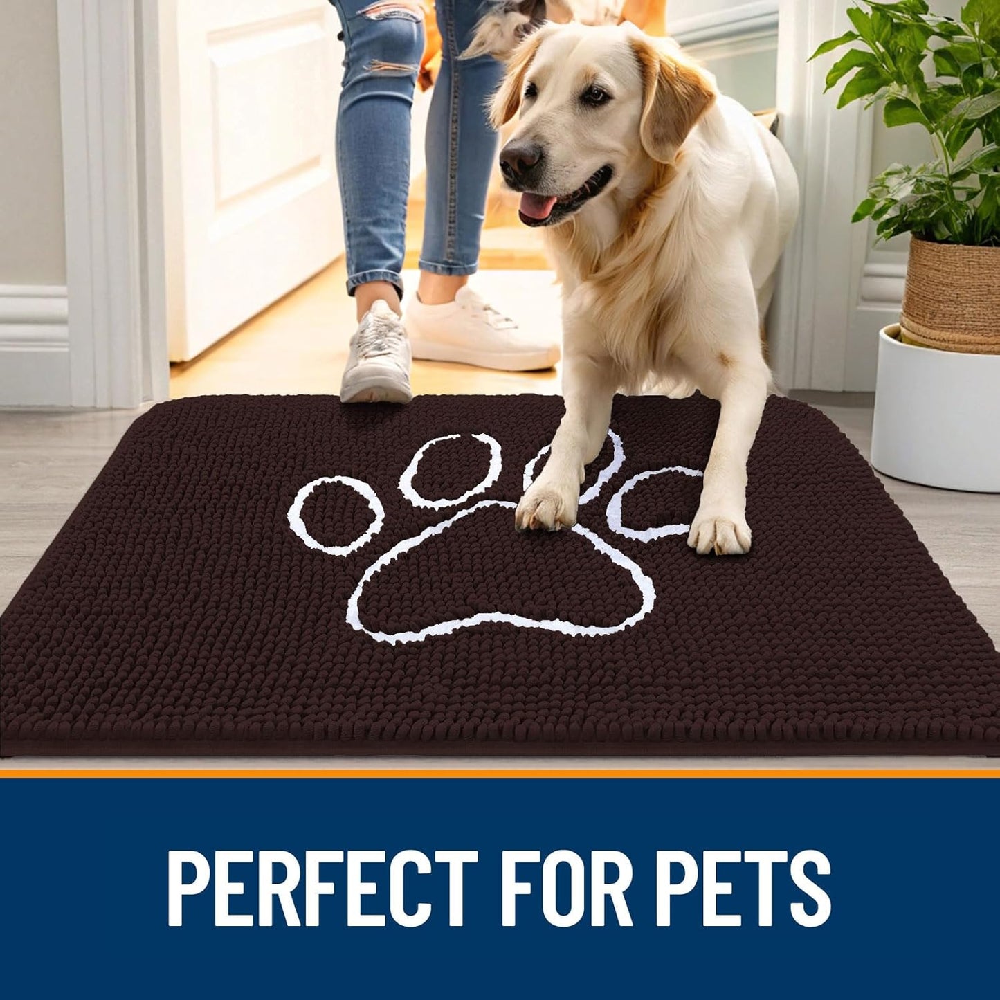 OLANLY Door Mat for Muddy Dog Paws 36x24, Ultra Absorbent Chenille Mud Doormat with Paw Print Design, Non-Slip Washable Doormat for Indoor Entryway, Quick-Dry Pet Bed Mats for Dirty Dogs, Brown