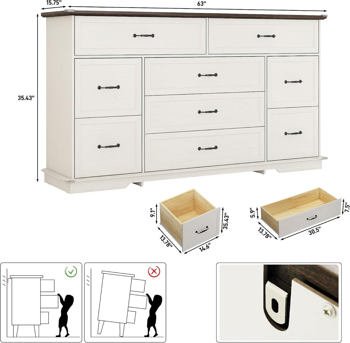 jiteentarou Farmhouse 9 Drawer Dresser for Bedroom,63” Wood Dresser & Chest of Drawers with Power Outlets,Large & Wide Dressers for Bedroom,Tall Storage Dresser Organizer(White)