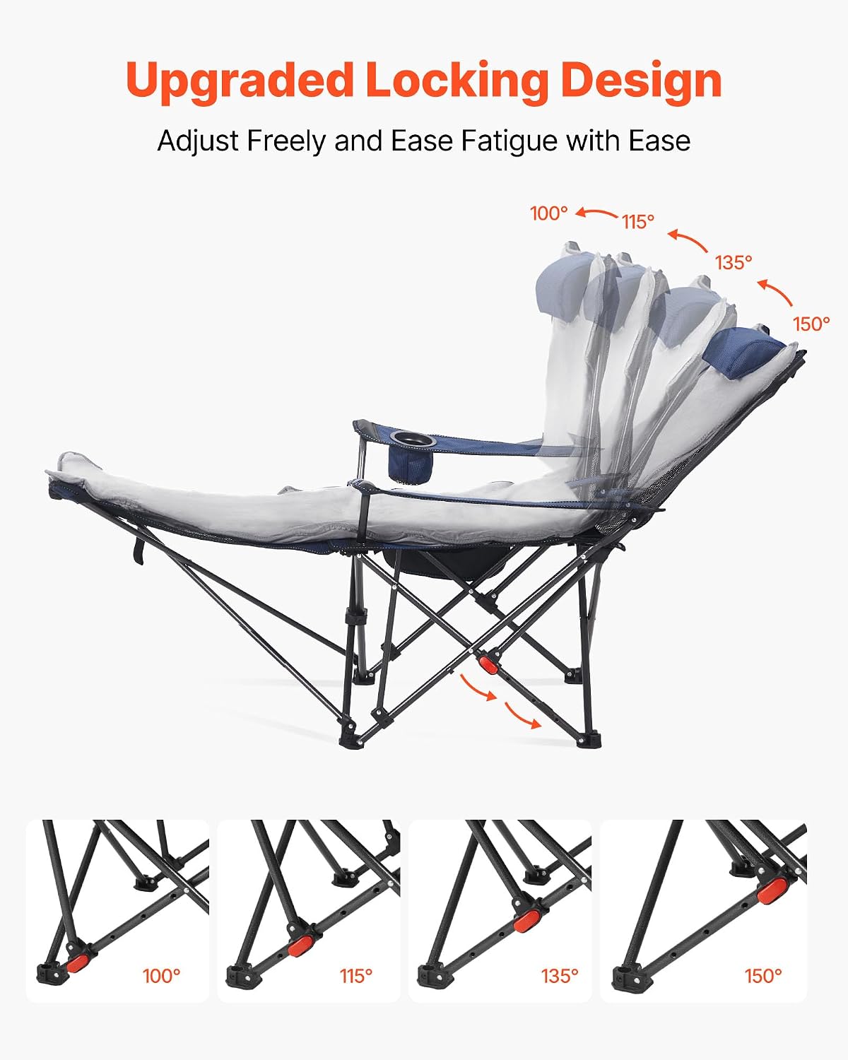 VEVOR Reclining Camping Chair, 4 Adjustable Positions, Portable Folding Lounger for Adults, Mesh Beach Chair with Footrest & Plush Cushion, Supports 220 lbs, Heavy Duty Camp Chairs for Patio, Blue
