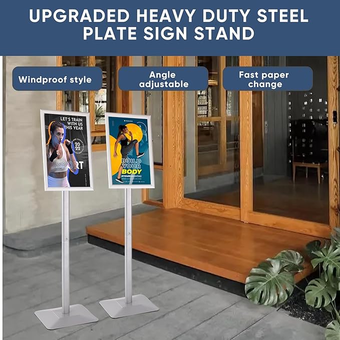 DISPLAYSWORKER Adjustable Heavy Duty Pedestal Sign holder floor Stand,sign stand poster stand Aluminum Snap Open Frame,Standing Floor for 8.5x 11 inch,Vertical/Horizontal View,SILVER