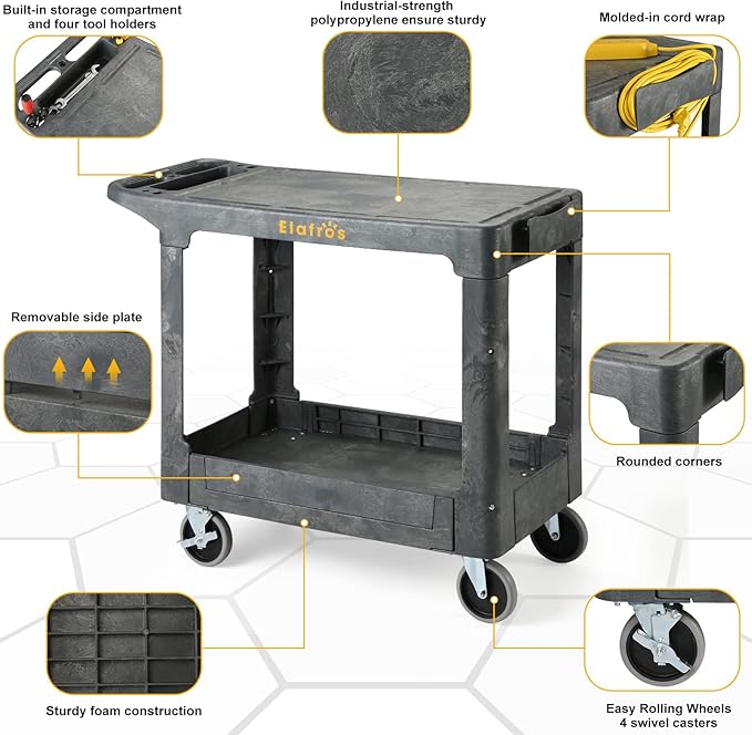 ELAFROS Heavy Duty Plastic Utility Cart Flat top 37 x 18.8 Inch - Work Cart Flat Shelves and Full Swivel Wheels Safely Holds up to 550 lbs - 2 Tier Service Cart for Warehouse,Garage, Cleaning Gray