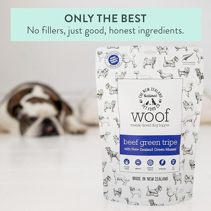 The New Zealand Natural Pet Food Co. WOOF Freeze Dried Dog Topper – Beef Green Tripe, High Protein, Digestive Support, Topper or Treat – 6.3 oz