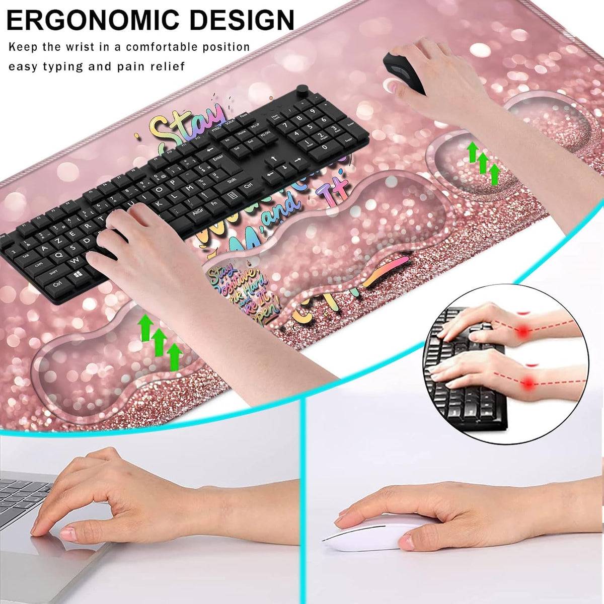 Keyboard Wrist Rest and Mouse Pad with Wrist Support Set Ergonomic Coaster,Memory Foam,Easy Typing Pain Relief,XL Desk Mat 31.5"x 11.8",Stay Positive Work Hard and Make It Happen Inspirational Quotes