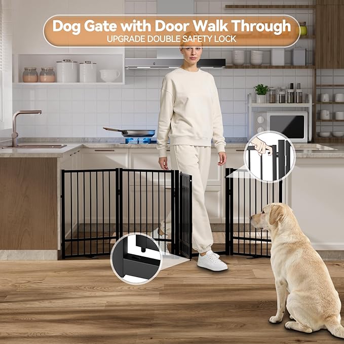 Full Metal Freestanding Dog Gate with Door, 32''Height Foldable Pet Dog Fence for Indoor & Outdoor, 4 Panels Extra Wide Free Standing TallDog Gates for Doorways,House,Stairs,Porch,Deck,Yard