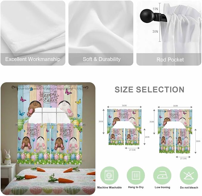 Swag Valance Curtains, Happy Easter Rabbit Butt Egg on Daisy Leaf Rod Pocket
