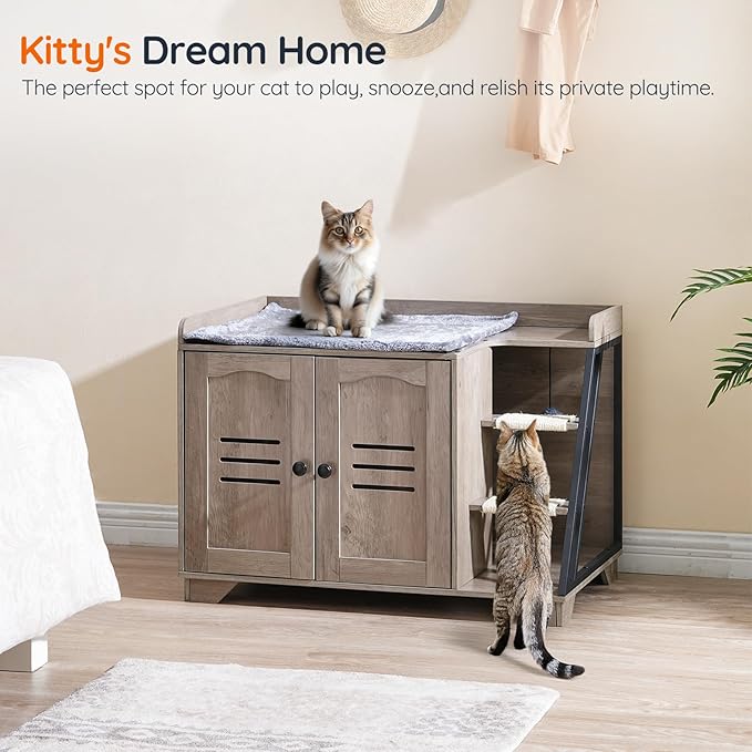 HOOBRO Cat Litter Box Enclosure with Ladder, Hidden Litter Box Furniture with Rechargeable 3-Color LED, Plush, Teaser Balls, 31.5" L x 18.9" W x 22.4" H, All-in-One, Black and Greige BG48MW01G1