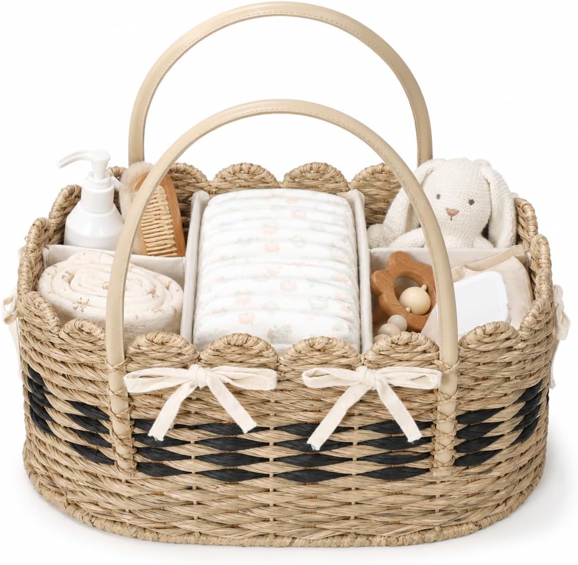 Large Diaper Caddy Organizer, Handwoven Natural Seagrass Basket with 5 Compartments, Scalloped Wicker Changing Table Organizer (Natural, XXL)