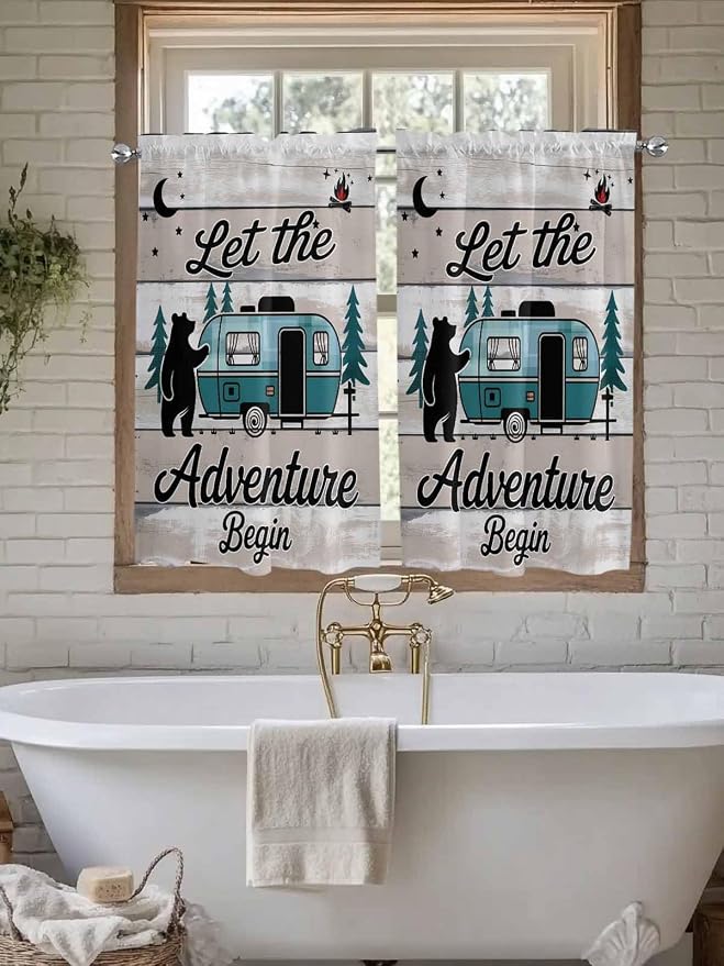 Farmhouse Bear Camper Van Tree Window Valance Curtains, Vintage Wood Grain