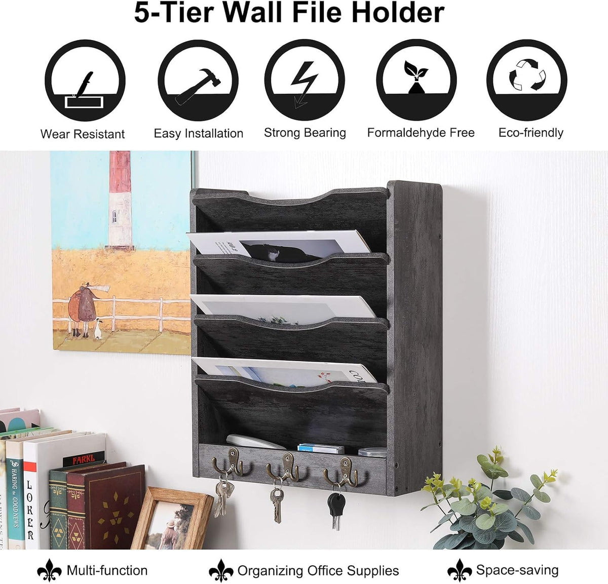 PAG-Mass 5-Tier Wall File Holder Hanging Mail Organizer Wood Magazine Literature Rack with 6 Hooks, Dark Gray