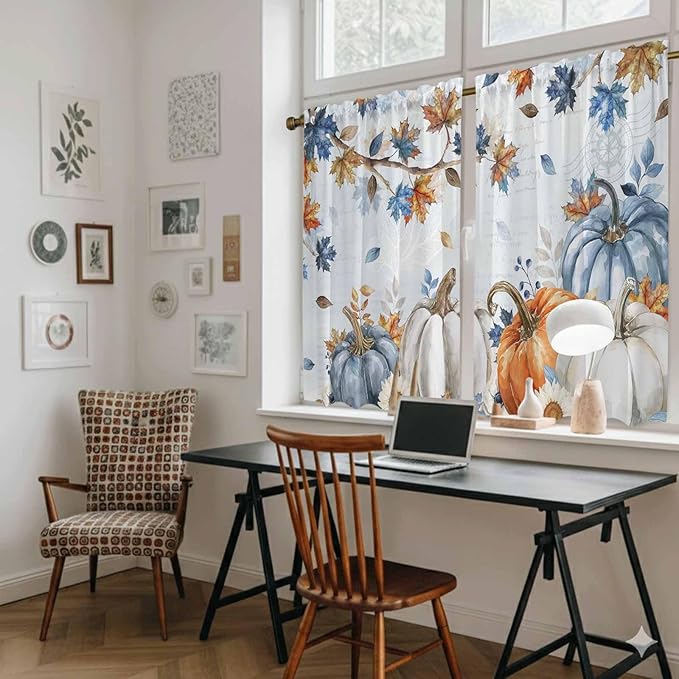 Fall Blue Maple Kitchen Tier Curtains 45 Inch Long 2 Panel Set, Rod Pocket