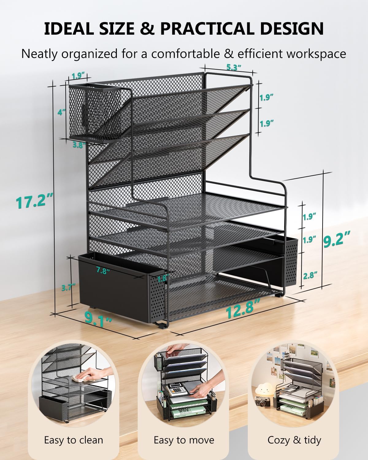WALI Desk File Organizer, 7 Tier Desktop Paper Letter Tray Organizer with Drawer and 3 Pen Holders, Office Desk Accessories & Workspace Organizers for Office, Home, School Supplies, 1 Pack, Black