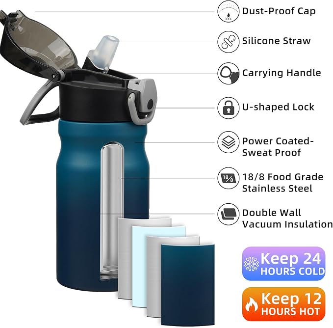 BJPKPK 14 oz Insulated Water Bottle, Stainless Steel Flask | Leak Proof Locking