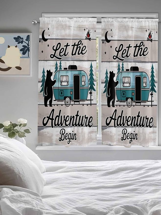 Farmhouse Bear Camper Van Tree Window Valance Curtains, Vintage Wood Grain