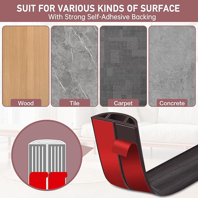 Floor Cord Cover Self Adhesive Cord Hider Floor Extension Cord Covers for Floor Power Cord Protector Cable Management Prevent Cable Trips Cable Cavity 0.59" W x 0.31" H (Dark Walnut, 20Ft)