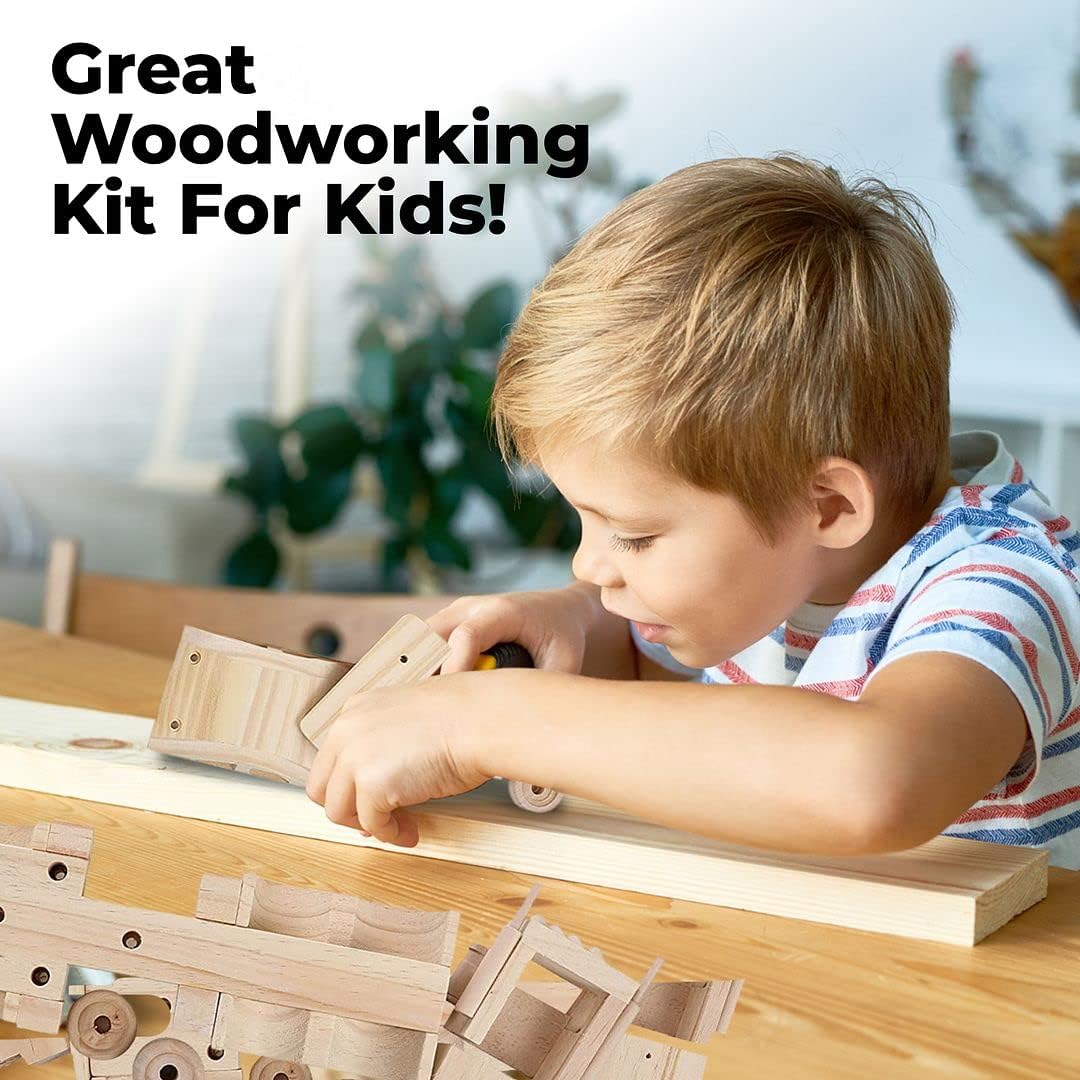 Kraftic Woodworking Building Kit for Kids and Adults, 3 Educational DIY Carpentry Construction Wood Model Kit Toy Projects for Boys and Girls - Build a Wooden Military Jet Race Car and Tractor Trailer