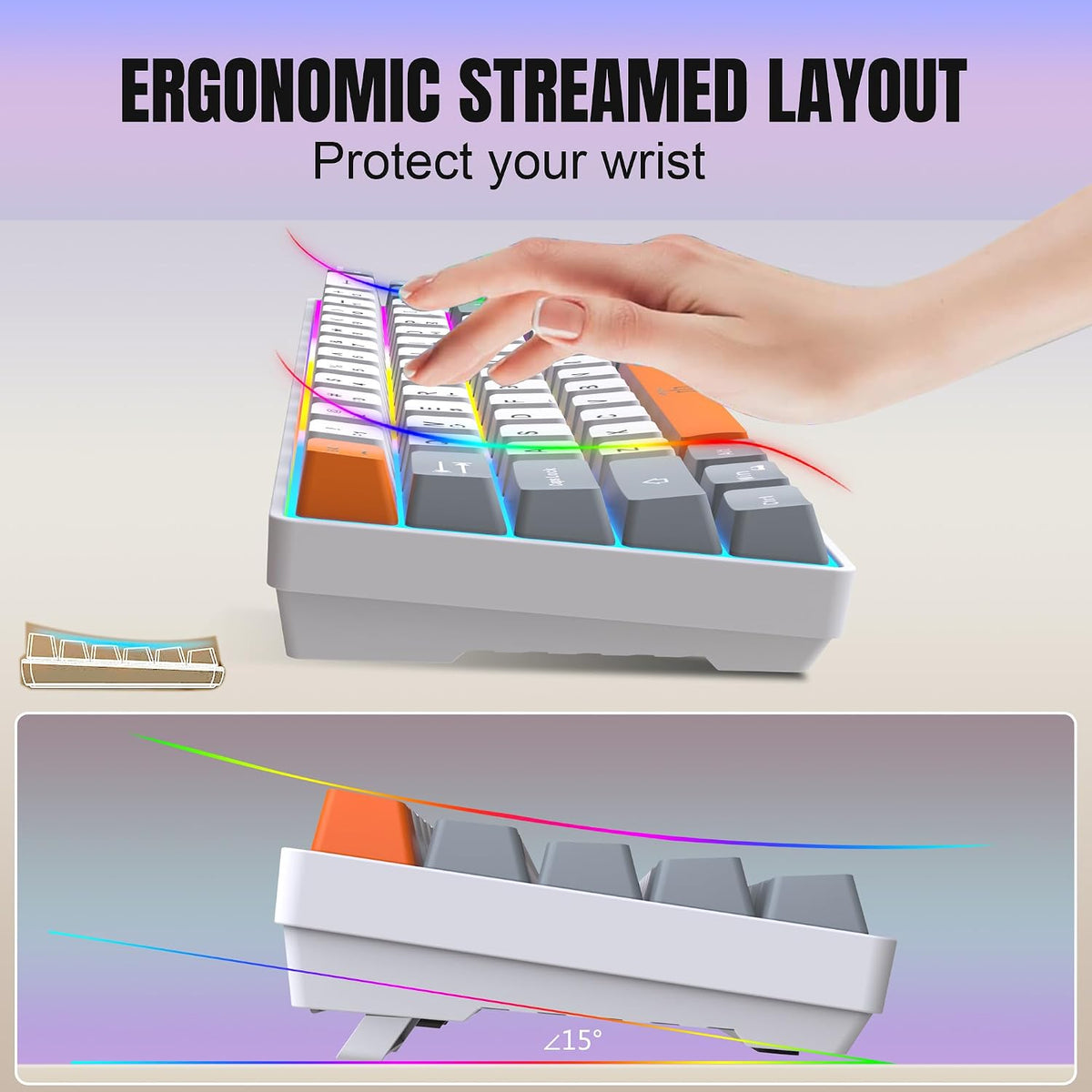 Snpurdiri 60% Wireless Gaming Keyboard and Mouse Combo (Gray-White-Orange)