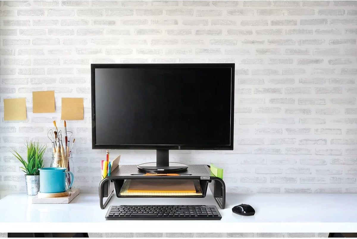 Allsop 32166 Metal Art Organizer 5 Riser Monitor Stand with Drawer and Side Caddies, Black