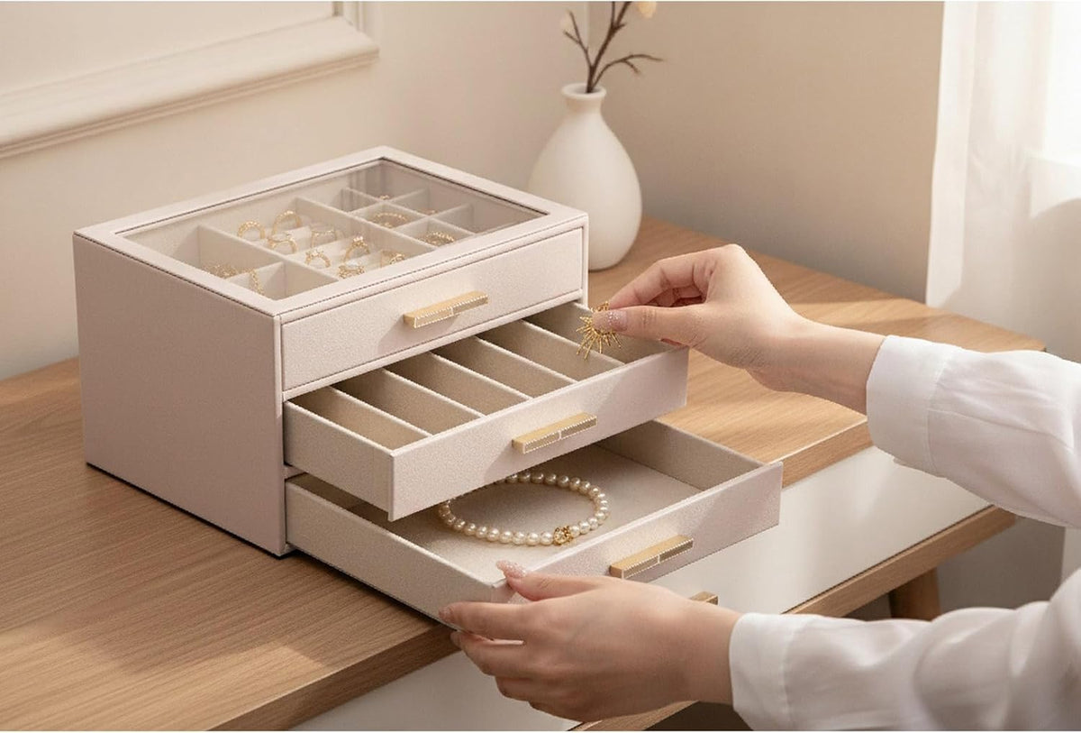 Vlando 3-Drawer Jewelry Box Organizer with Glass Lid, Pink Beige